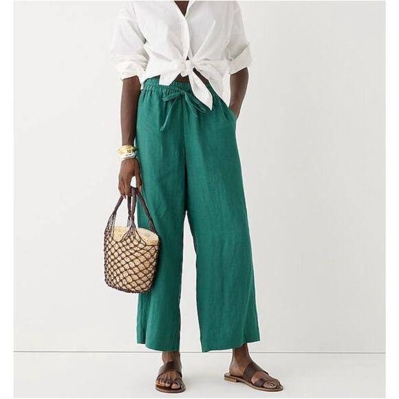 JCrew Pants Womens Large Green Spruce Seaside Wide Leg Linen Relaxed Drawstring - Picture 1 of 11